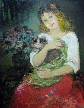 動物 Painting - 女の子と猫のペットの子供たち